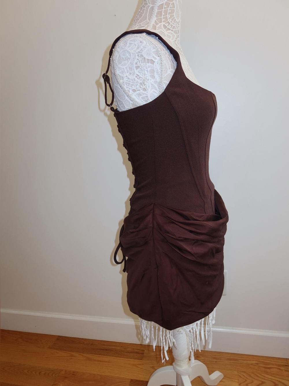 Chocolate Brown Ruched Mini Dress with Square Neck - Picture 3 of 5